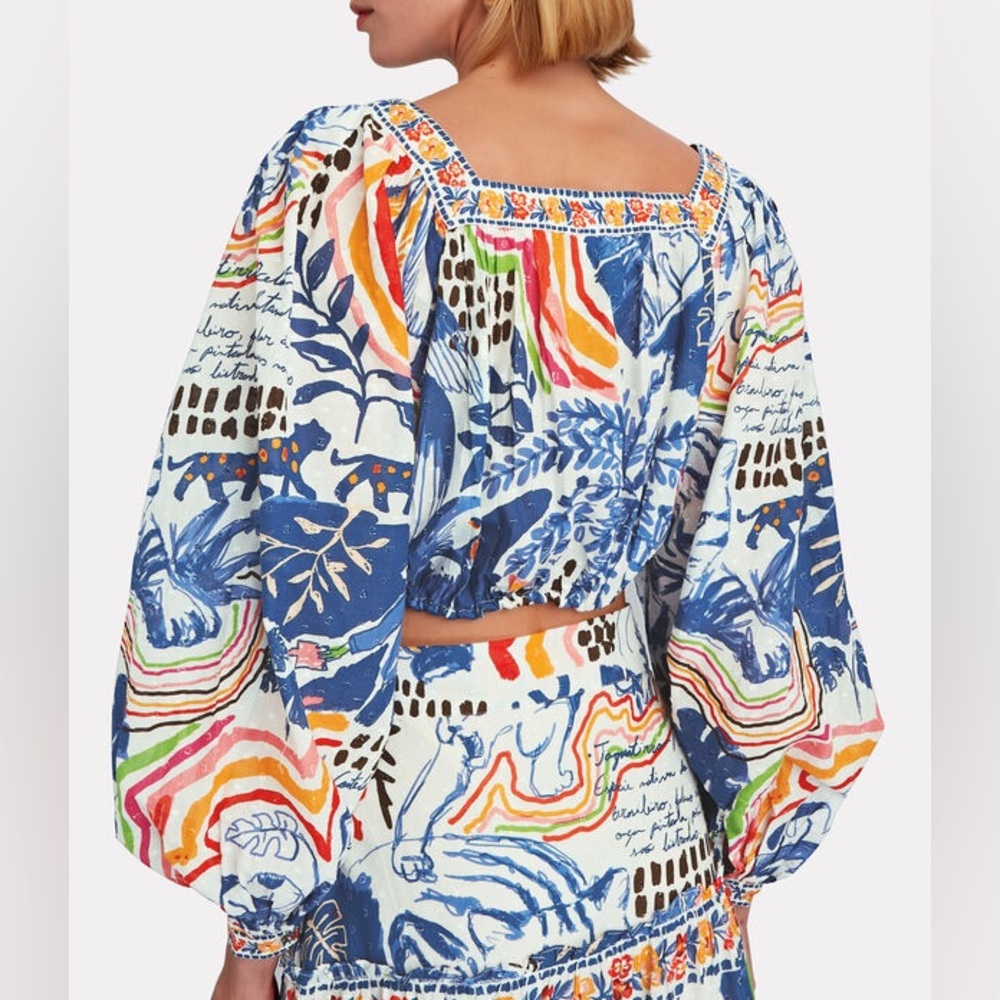 Farm Rio Wild Brazil Cotton Crop Top Drawstring Button Front Multicolor NWT XS - Picture 4 of 16